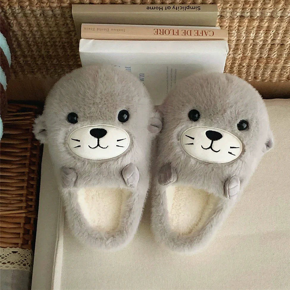 Whimsical Seal Face Fuzzy Slippers