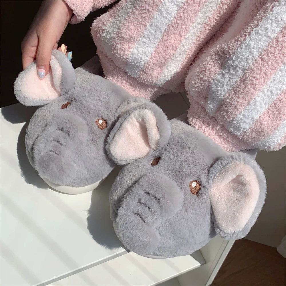 Whimsical 3D Elephant Plush Slippers