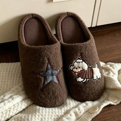 Embroidered Star Puppy Fleece Slippers
