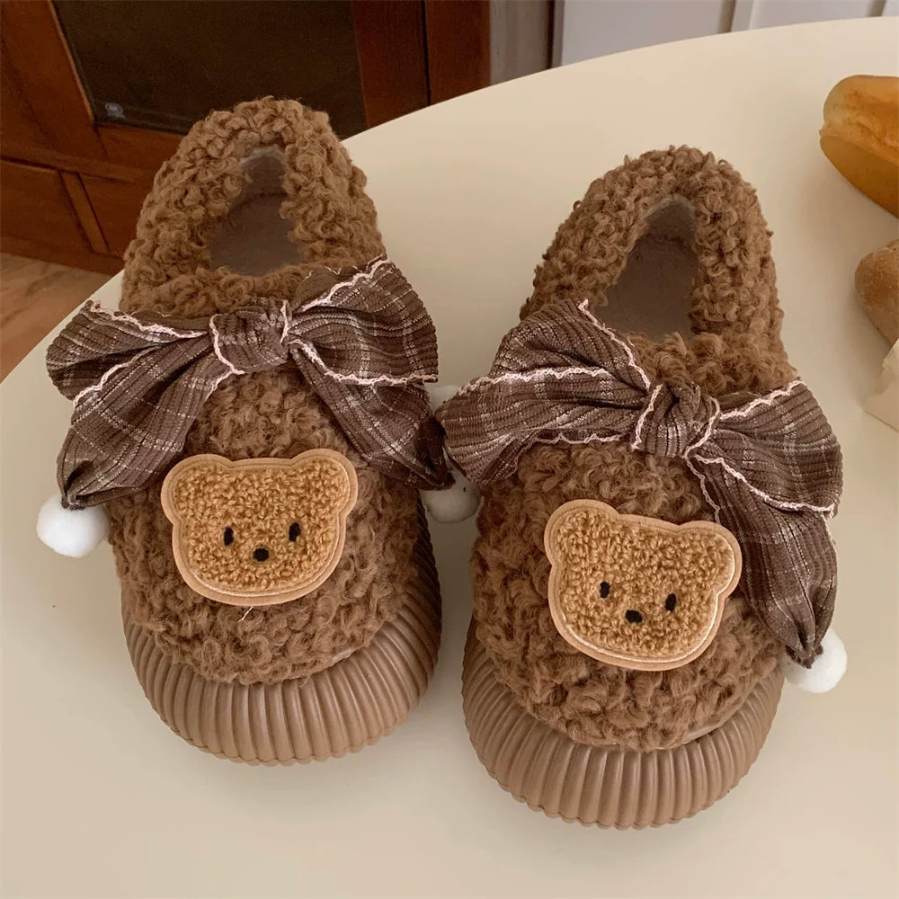 Teddy Bow Sherpa House Slippers