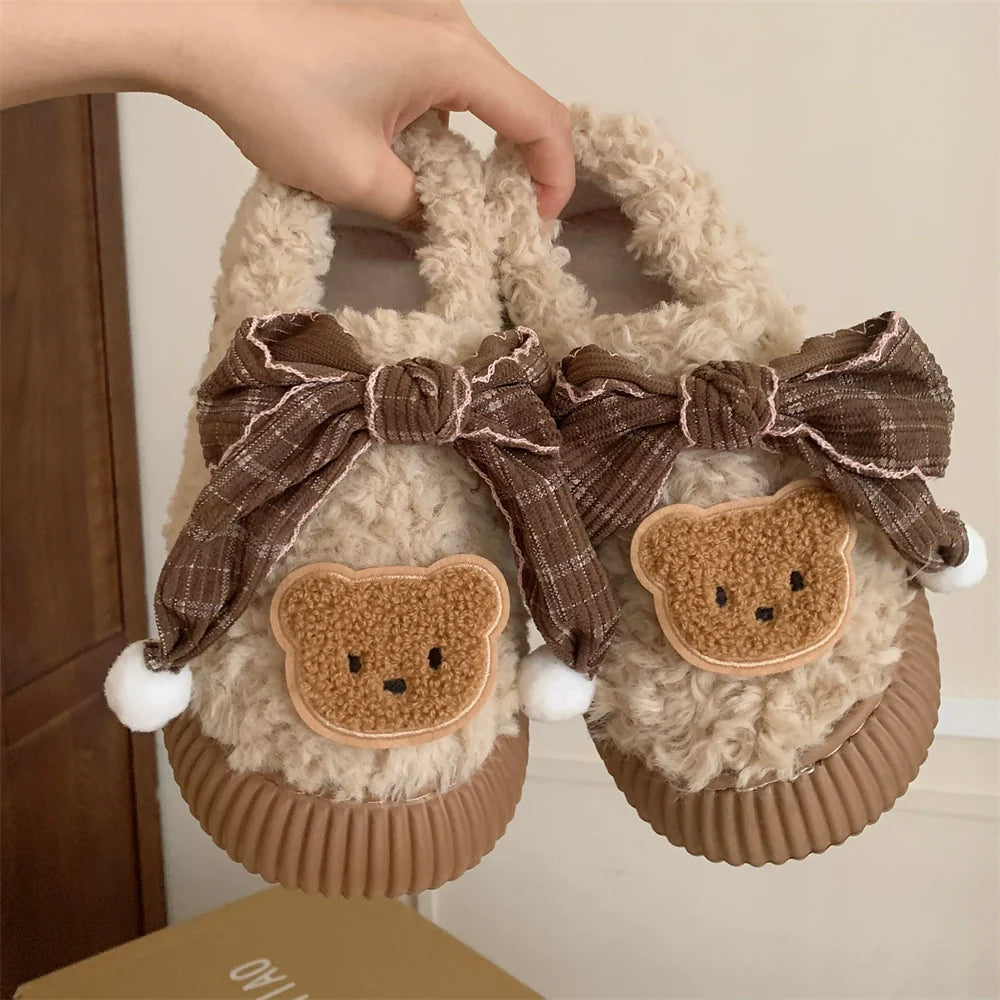Teddy Bow Sherpa House Slippers