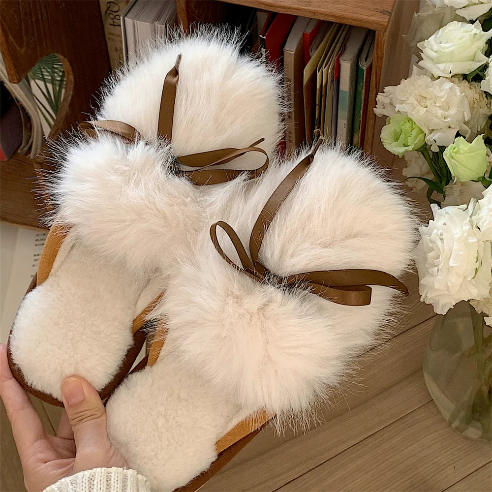 Ribbon Bow Fluffy House Slippers