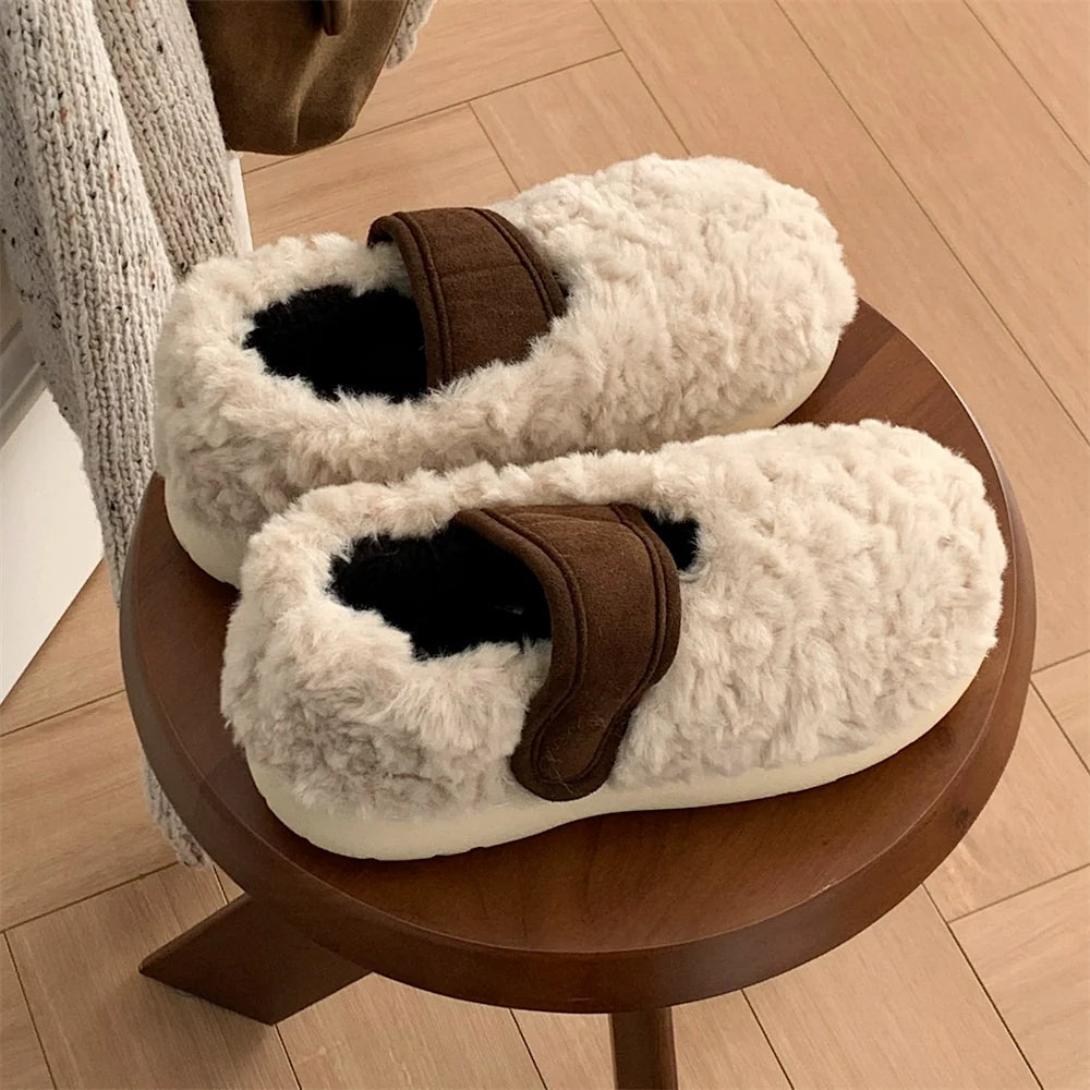 Fuzzy Two-Tone Strap Slippers