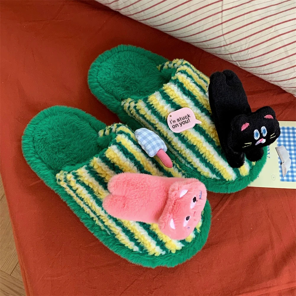 Striped Kitty Charm Home Slippers