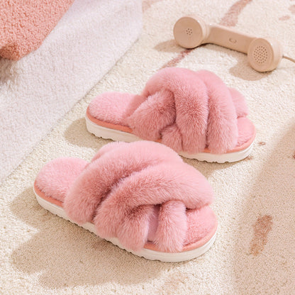 Plush Crisscross Open-Toe Slippers