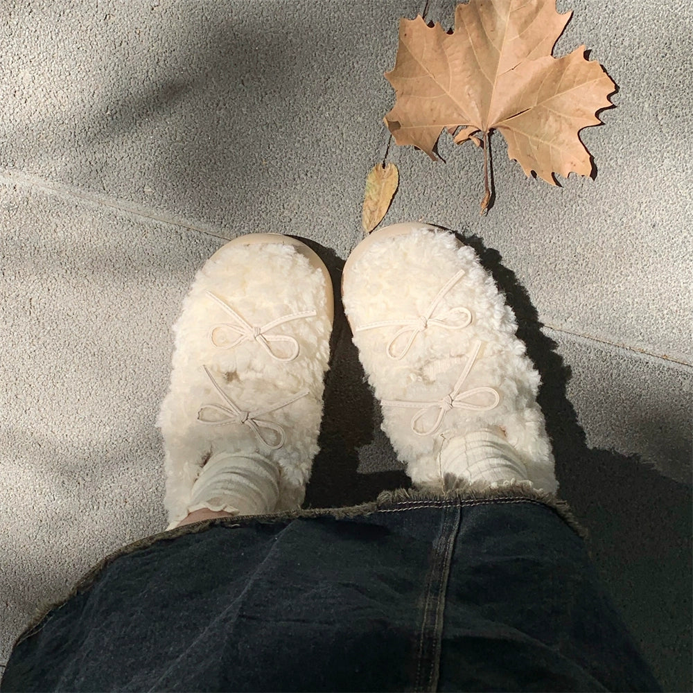 Bow-Tie Plush Platform Slippers