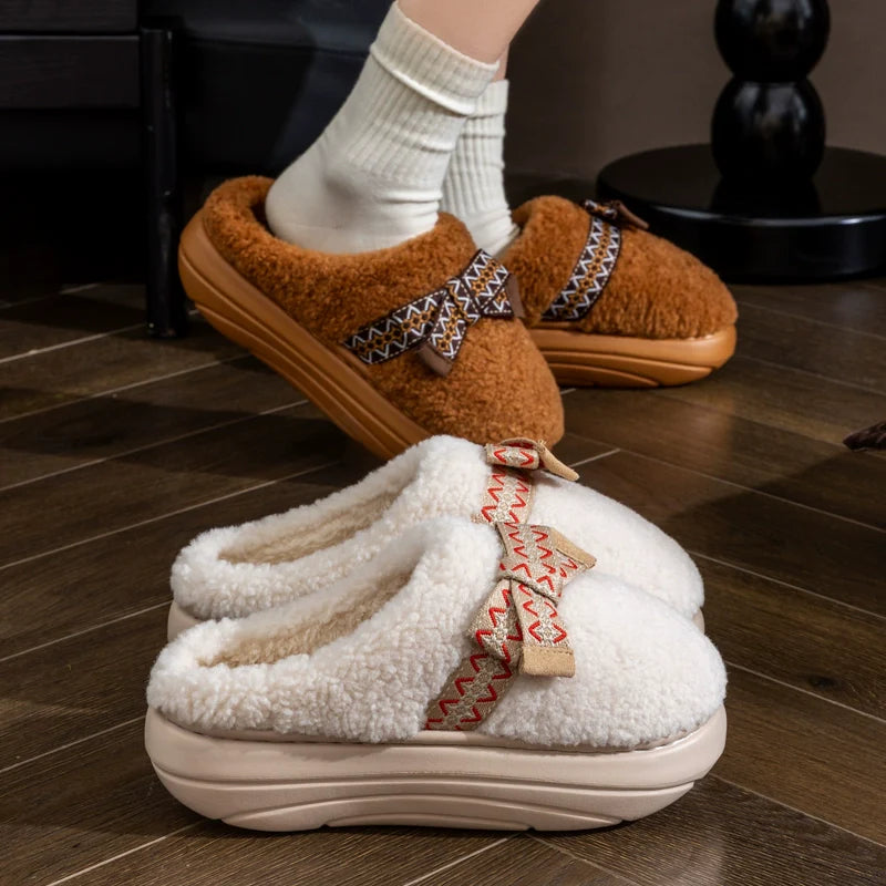 Chunky Platform Bow Teddy Slippers