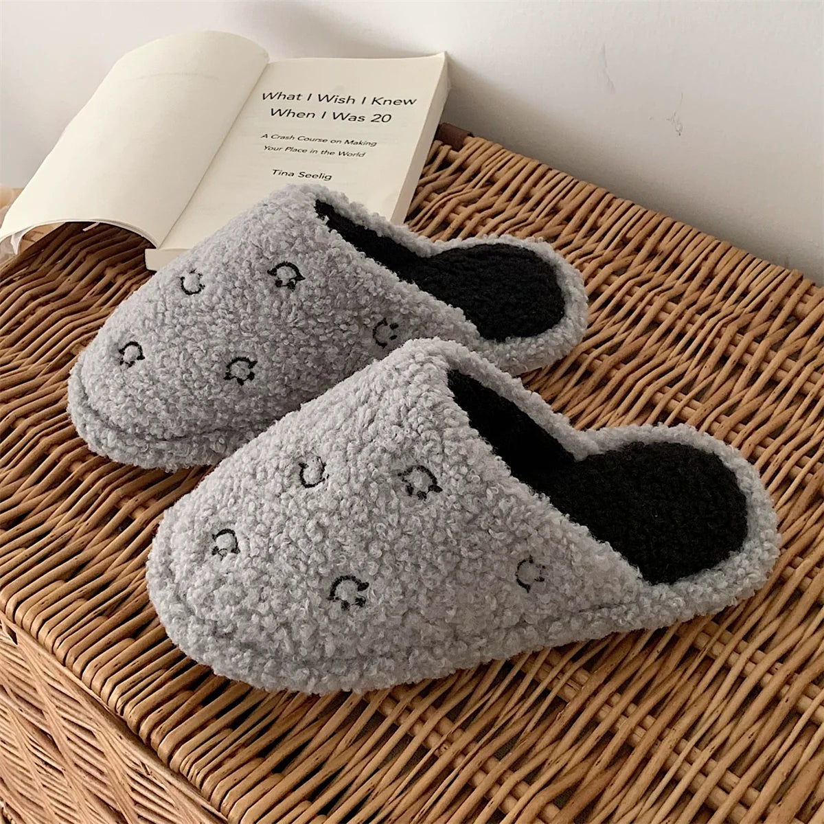 Happy Face Fuzzy Plush Slippers