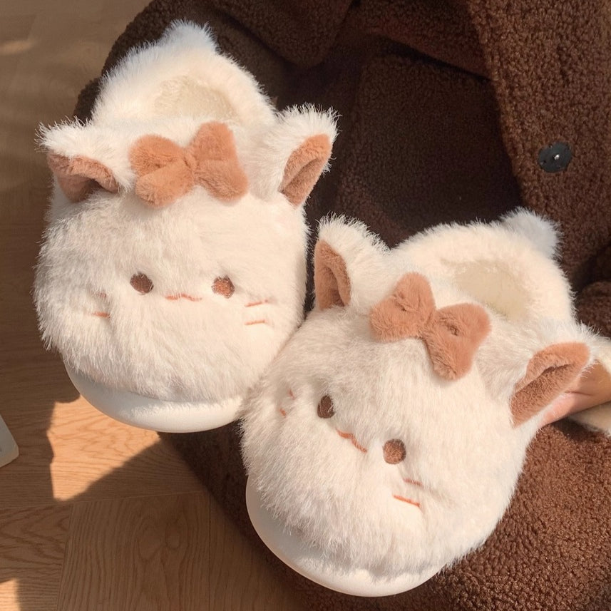 Fuzzy Cat Bow Enclosed Slippers