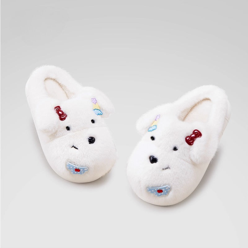 Fuzzy Puppy Face Bow Slippers