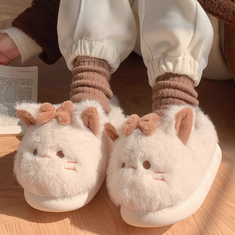 Fuzzy Cat Bow Enclosed Slippers