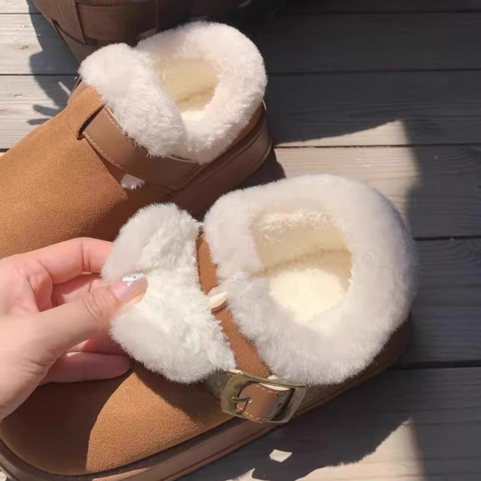 Fuzzy Buckle Platform Clogs