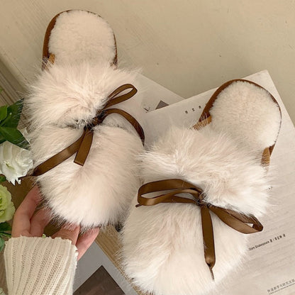Ribbon Bow Fluffy House Slippers