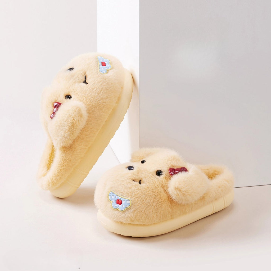 Fuzzy Puppy Face Bow Slippers