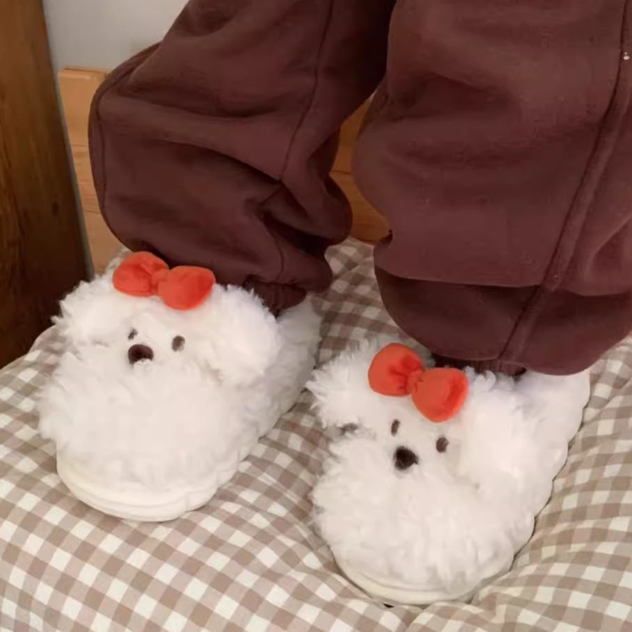 Plush Puppy Bow Home Slippers