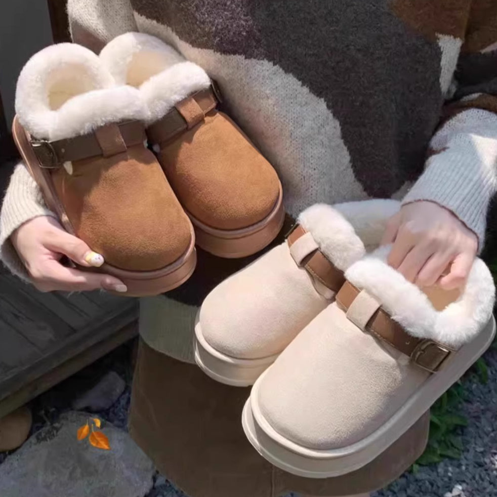 Fuzzy Buckle Platform Clogs