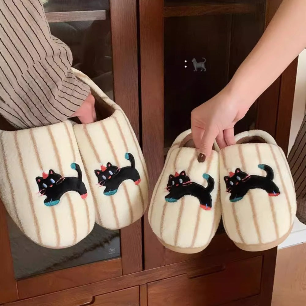 Wandering Black Cat Striped Slippers