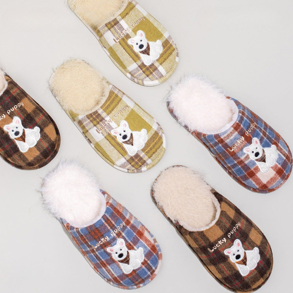 Plaid Puppy Embroidered Warm Slippers