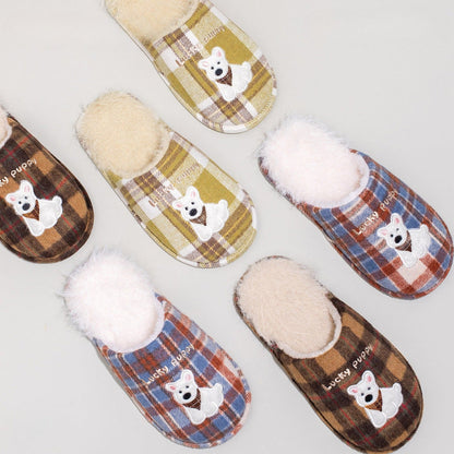 Plaid Puppy Embroidered Warm Slippers