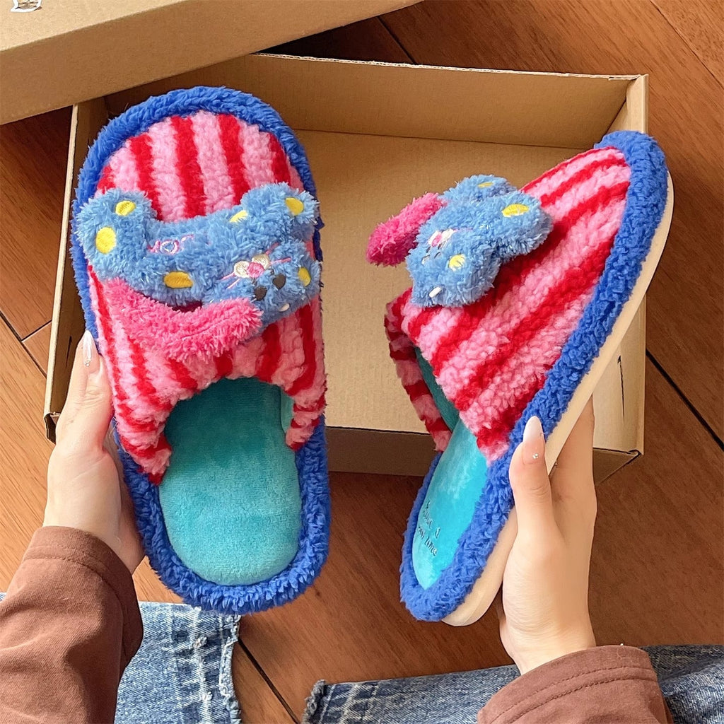 Striped Plush Animal Scuff Slippers