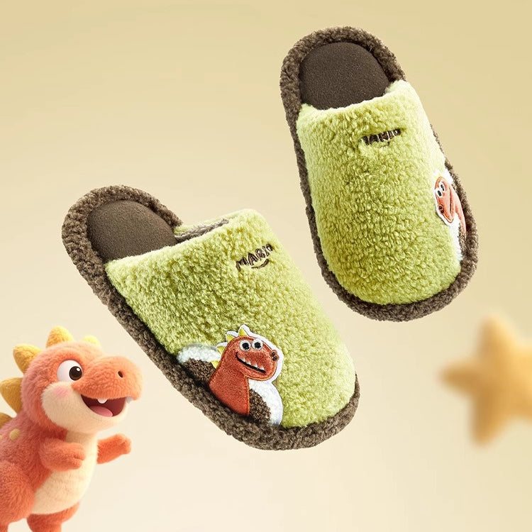 Fuzzy Dinosaur Patch Kids Slippers