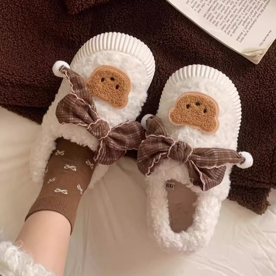 Teddy Bow Sherpa House Slippers