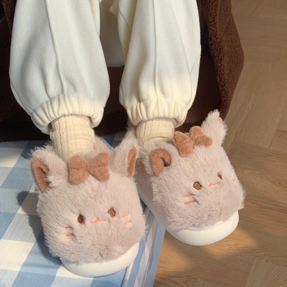 Cat Ears Bow Plush Slippers