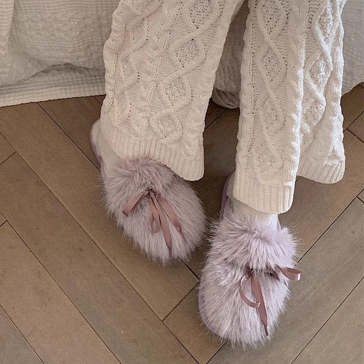 Ribbon Bow Fluffy House Slippers