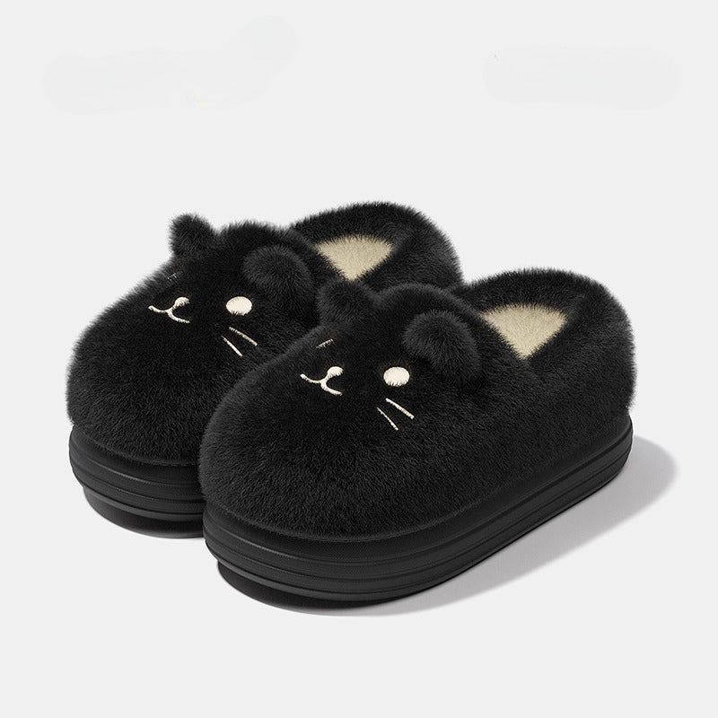 Whimsical Feline Face Plush Slippers
