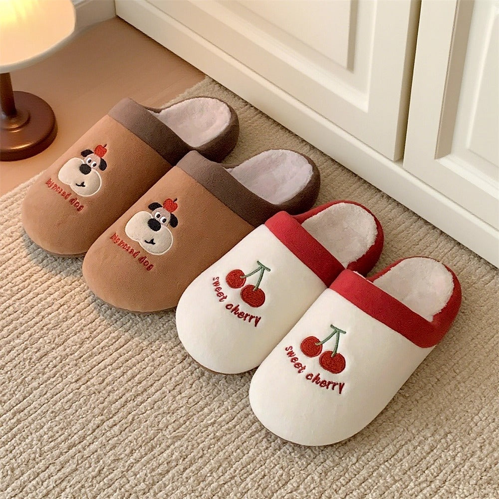 Embroidered Cherry Pup Slippers