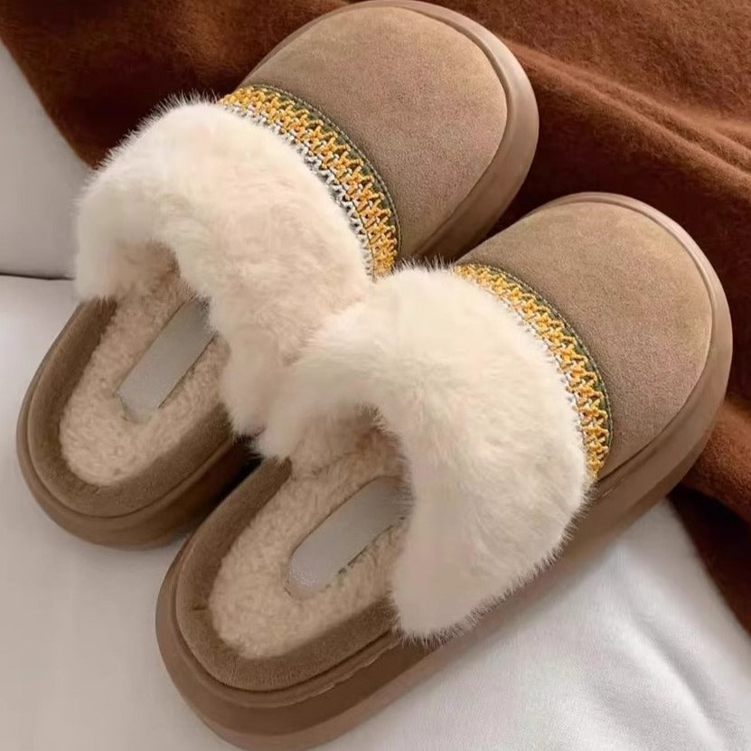 Woven Trim Fuzzy Band Slippers