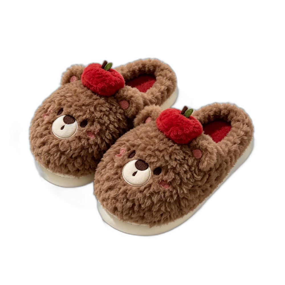 Apple Bear Fuzzy Platform Slippers