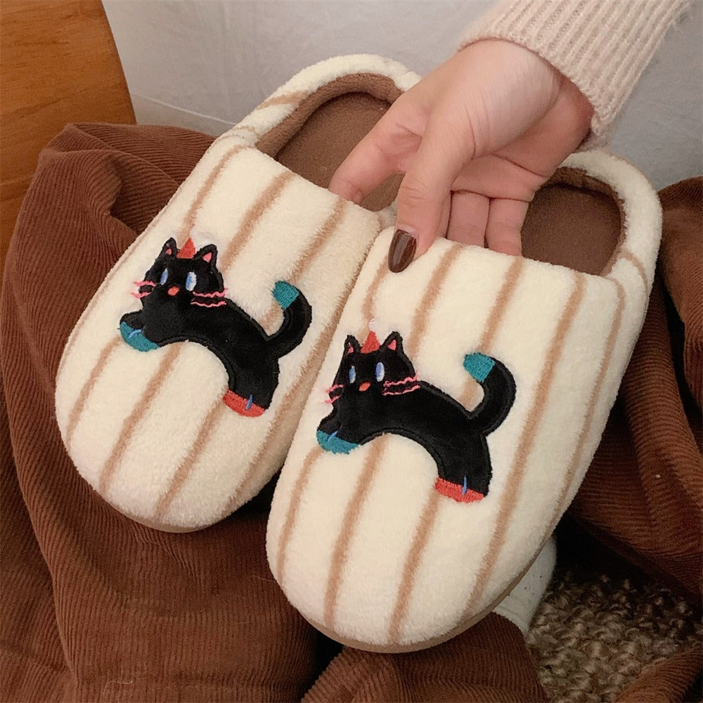 Wandering Black Cat Striped Slippers