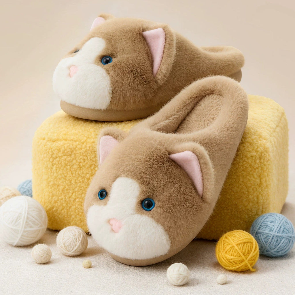 Playful Cat Face Plush Slippers