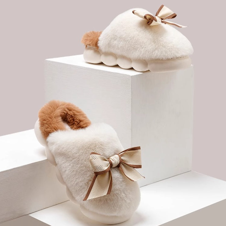 Ribbon Bowknot Fuzzy Platform Slippers