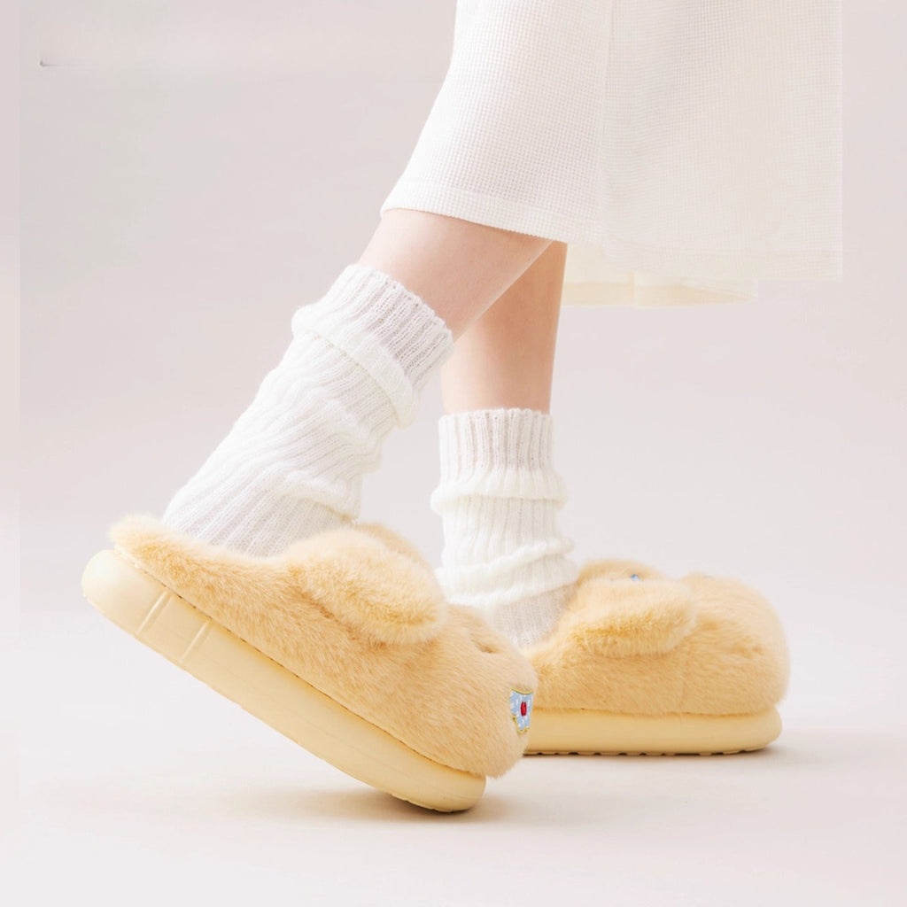 Fuzzy Puppy Face Bow Slippers