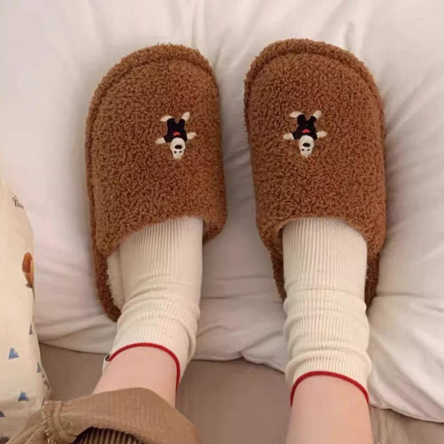 Whimsical Puppy Embroidered Fuzzy Slippers