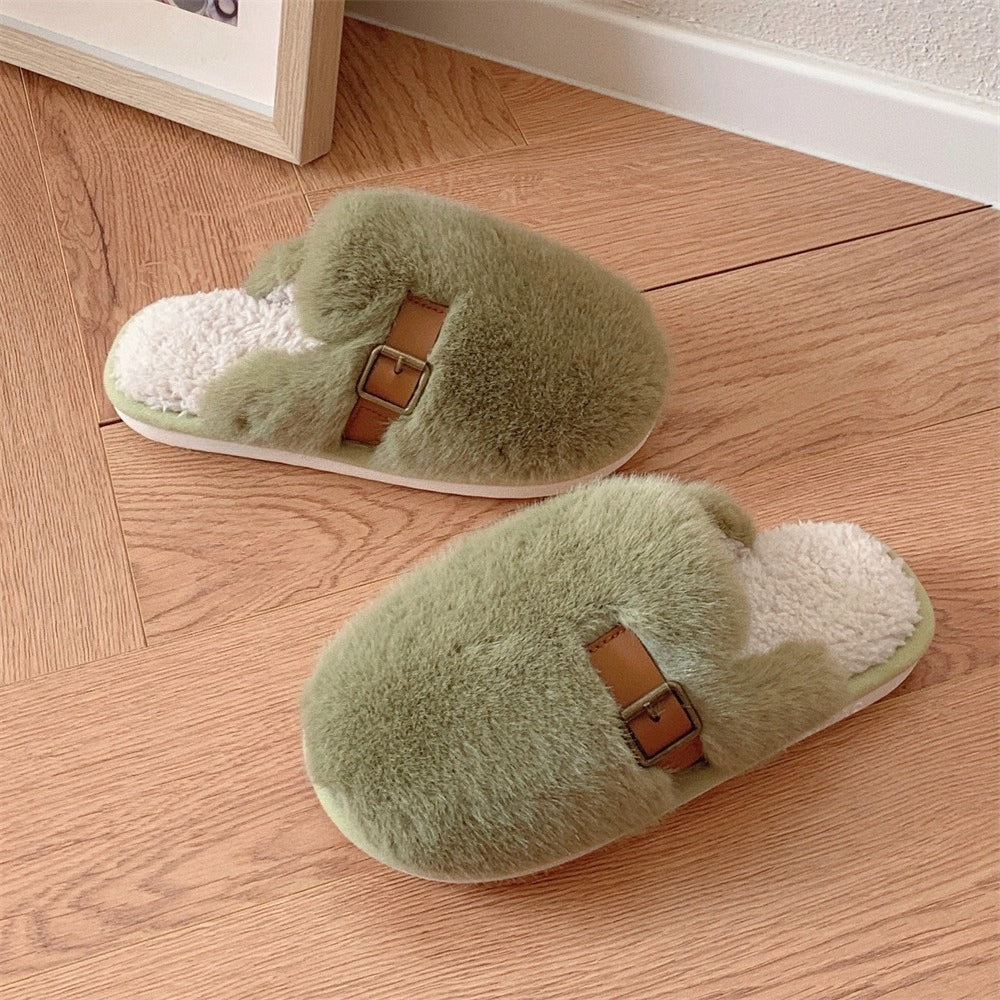 Fluffy Buckle Closed-Toe Slippers
