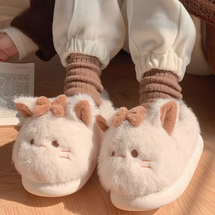 Cat Ears Bow Plush Slippers