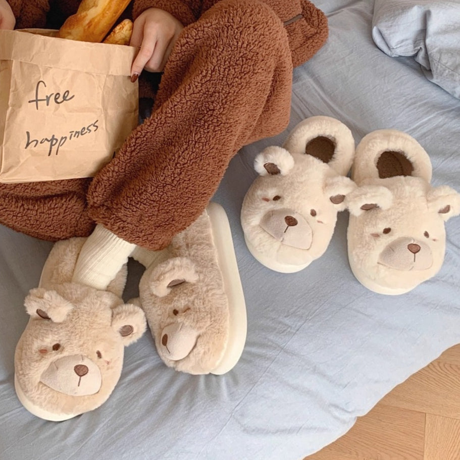Fuzzy Teddy Bear Plush Slippers