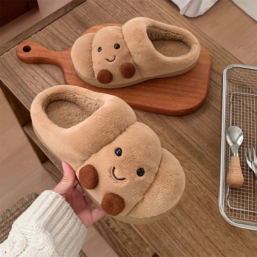 Croissant Face Plush Platform Slippers