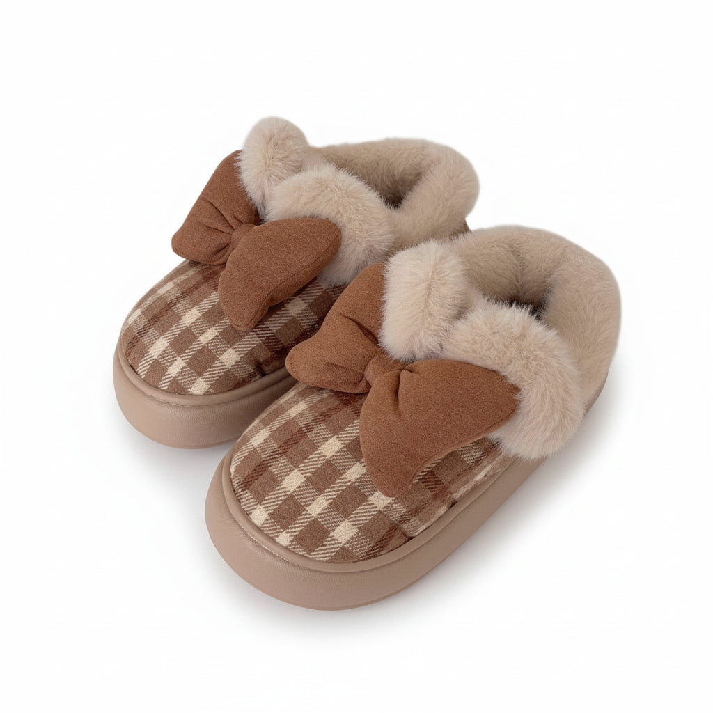 Plaid Bows Cozy Plush Slippers