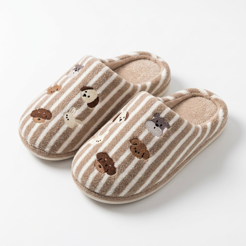 Striped Puppy Embroidered House Slippers