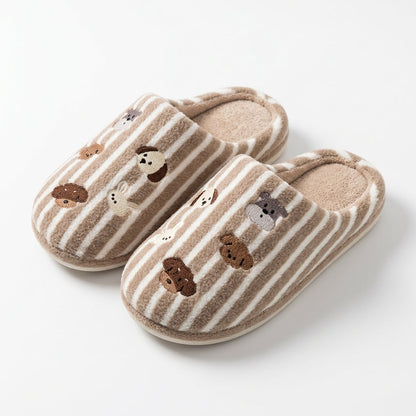 Striped Puppy Embroidered House Slippers