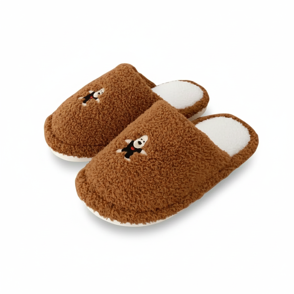 Whimsical Puppy Embroidered Fuzzy Slippers
