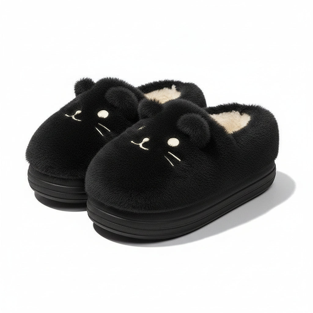 Whimsical Feline Face Plush Slippers
