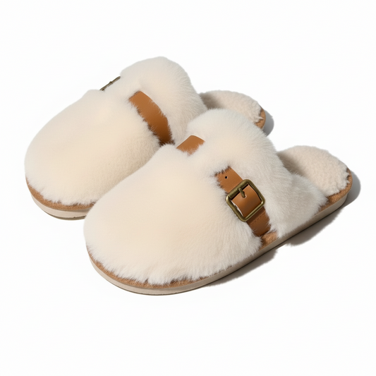 Fluffy Buckle Closed-Toe Slippers