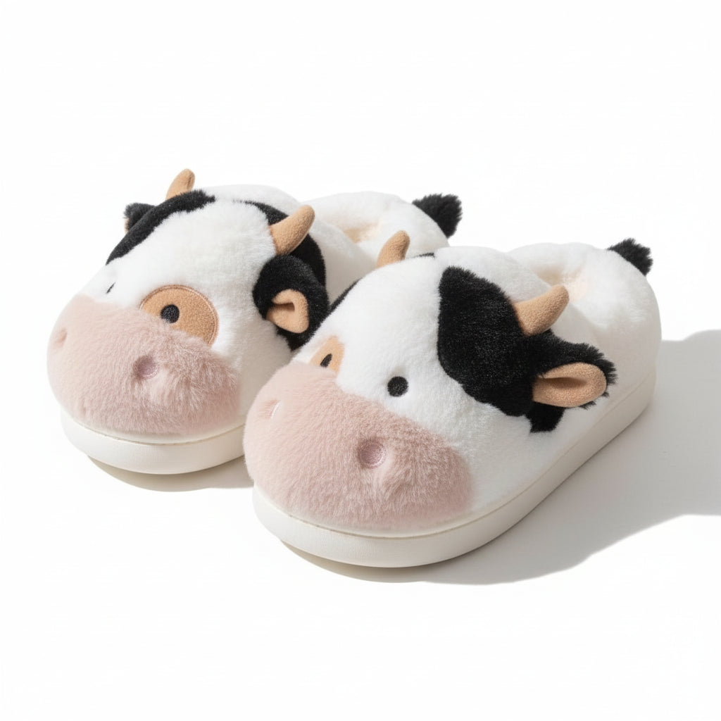 Fuzzy Farm Cow Plush Slippers
