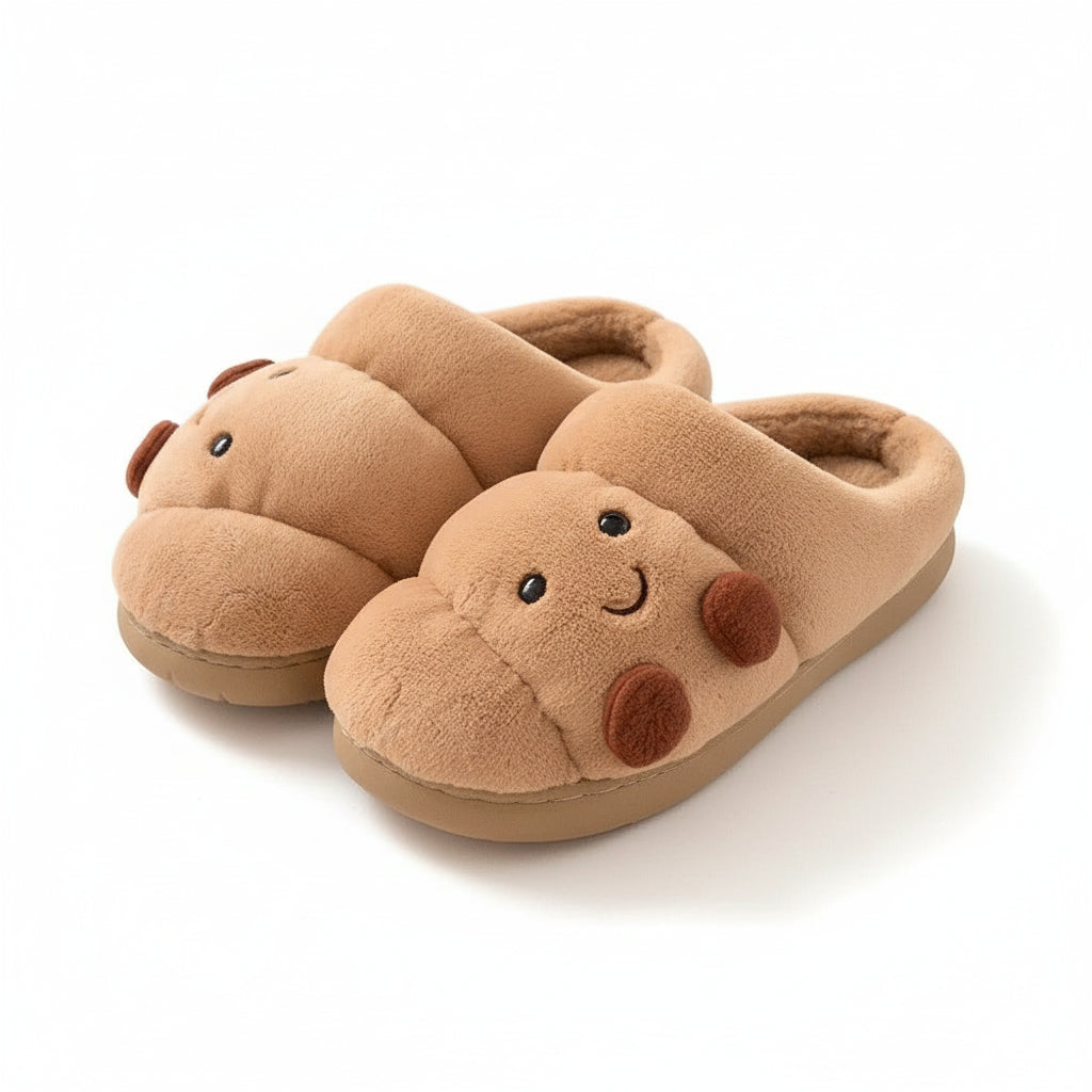 Croissant Face Plush Platform Slippers