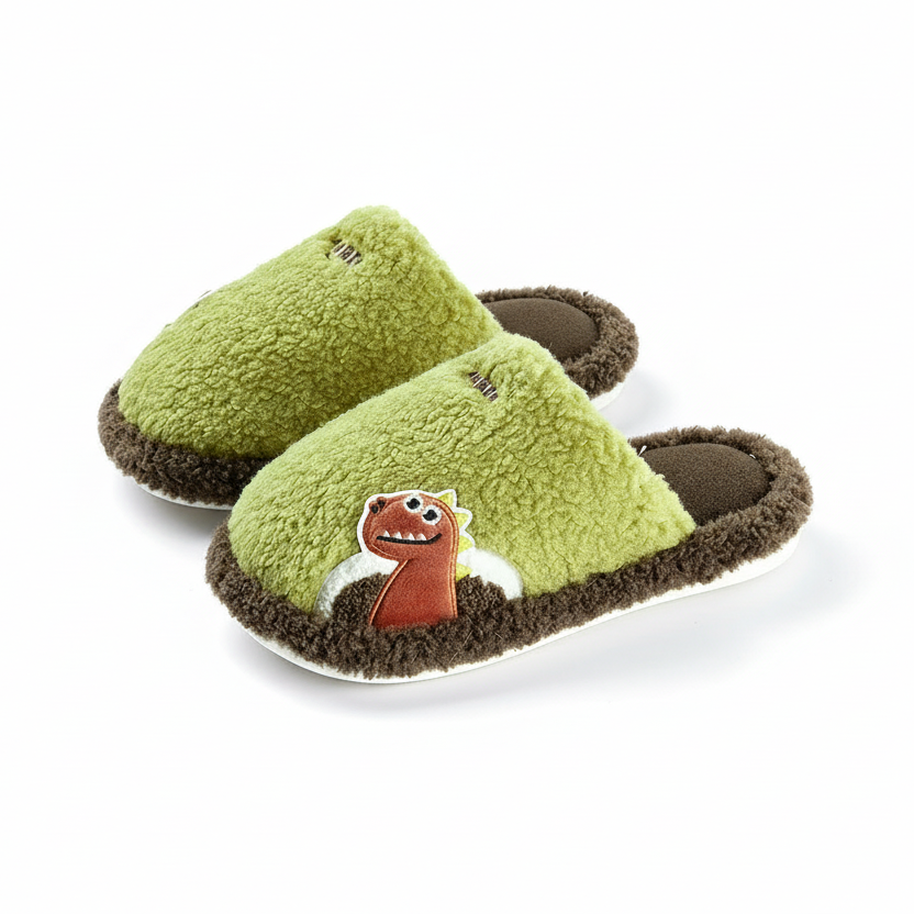 Fuzzy Dinosaur Patch Kids Slippers